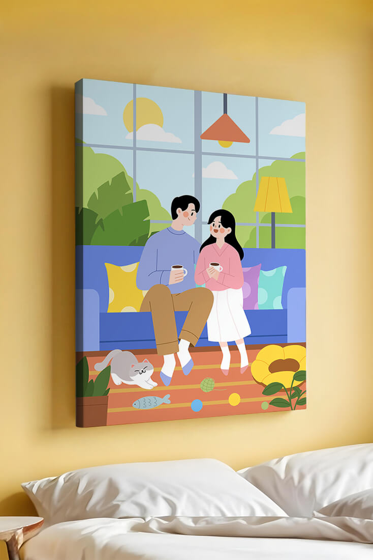 Cozy living room scene with couple and playful cat