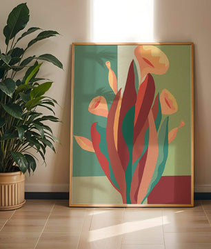 Abstract floral illustration with bold colors and geometric background