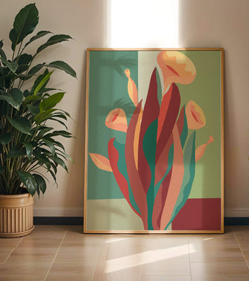 Abstract floral illustration with bold colors and geometric background