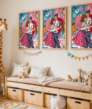 Pareja abrazándose en estilo pop art con un fondo colorido