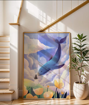 Paisaje surrealista con una ballena gigante y elementos caprichosos