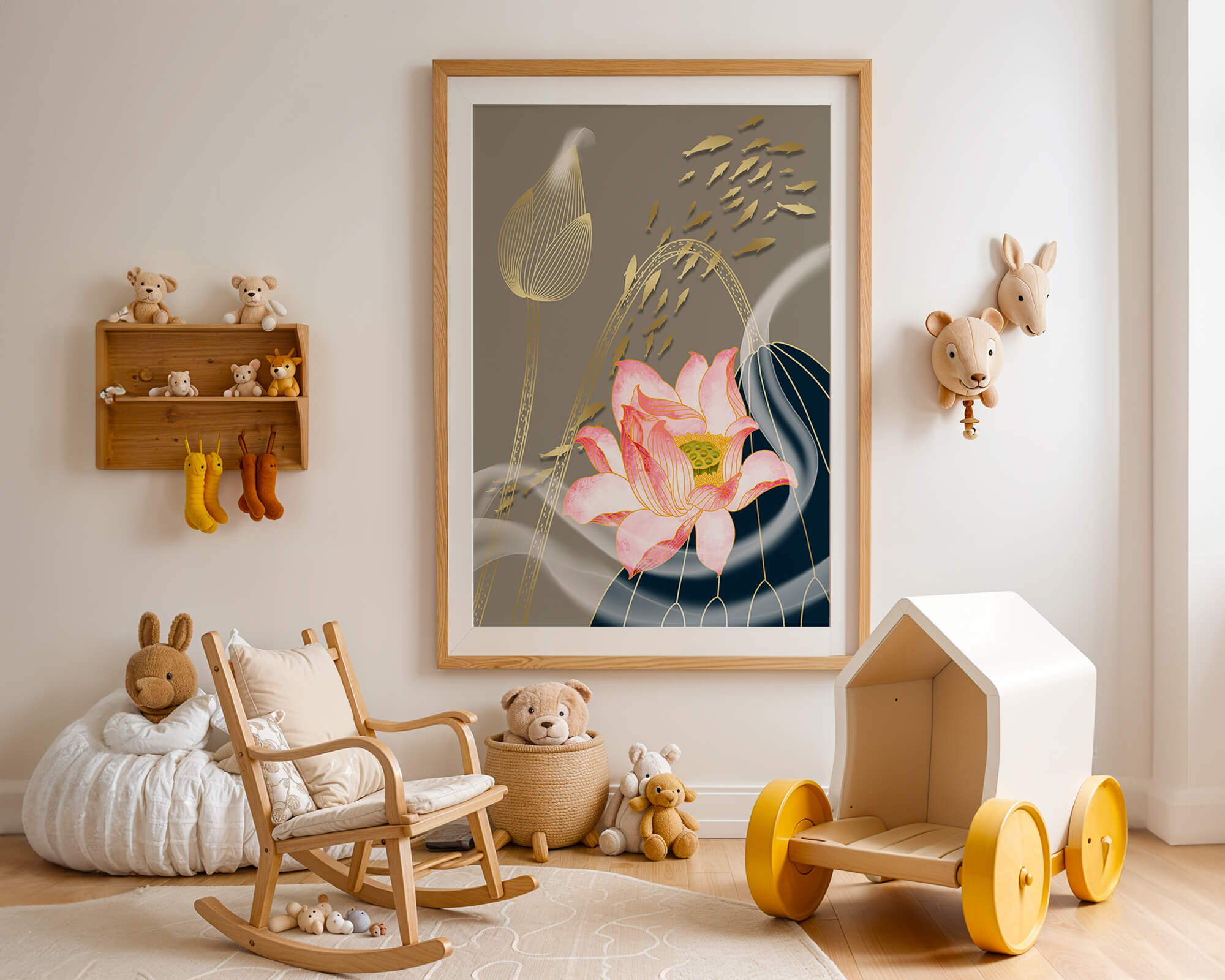 Elegant floral design with blooming lotus and golden fish accents