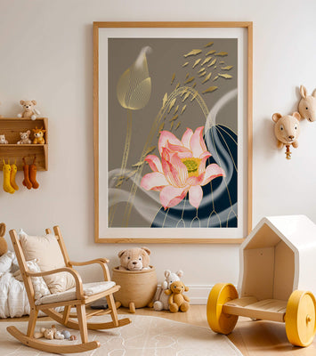 Elegant floral design with blooming lotus and golden fish accents