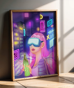 Escena urbana futurista con luces de neón y elementos de realidad virtual