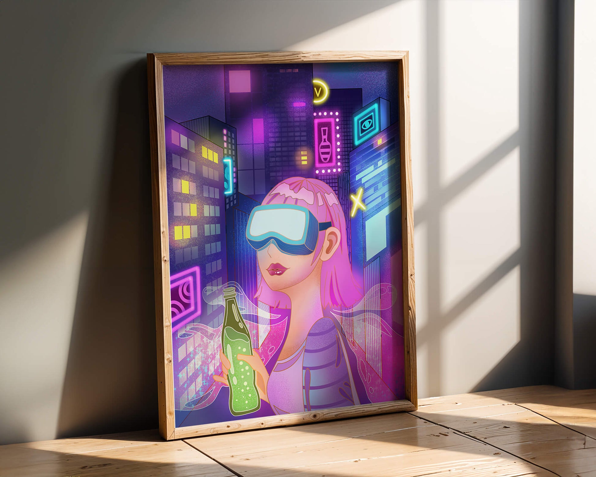 Futuristic urban scene with neon lights and virtual reality elements