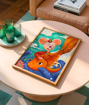 Whimsical illustration of a mouse riding a golden fish in a vibrant fantasy setting