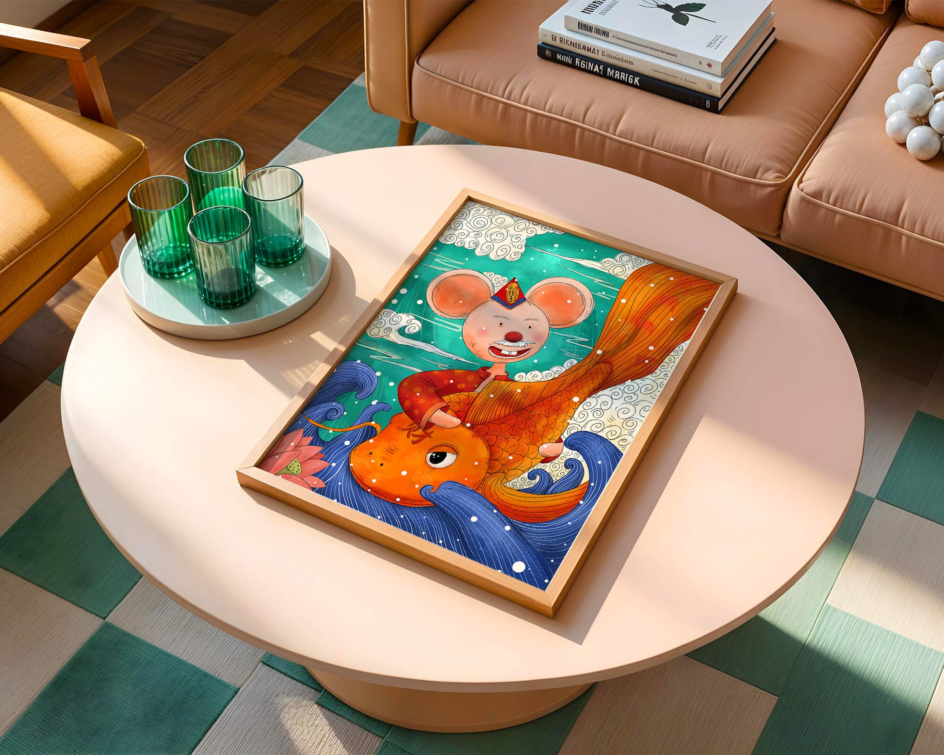 Whimsical illustration of a mouse riding a golden fish in a vibrant fantasy setting