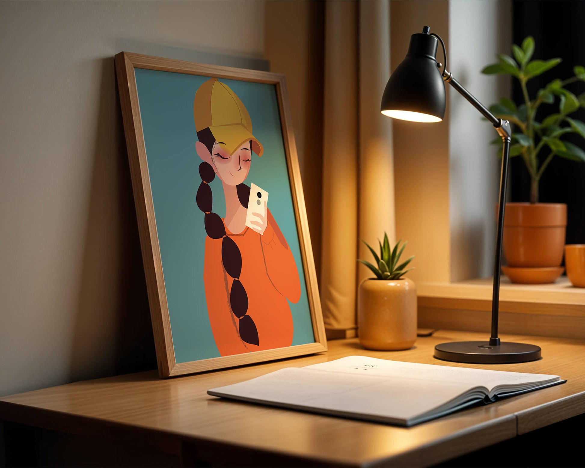 Colorful illustration of a girl with a smartphone