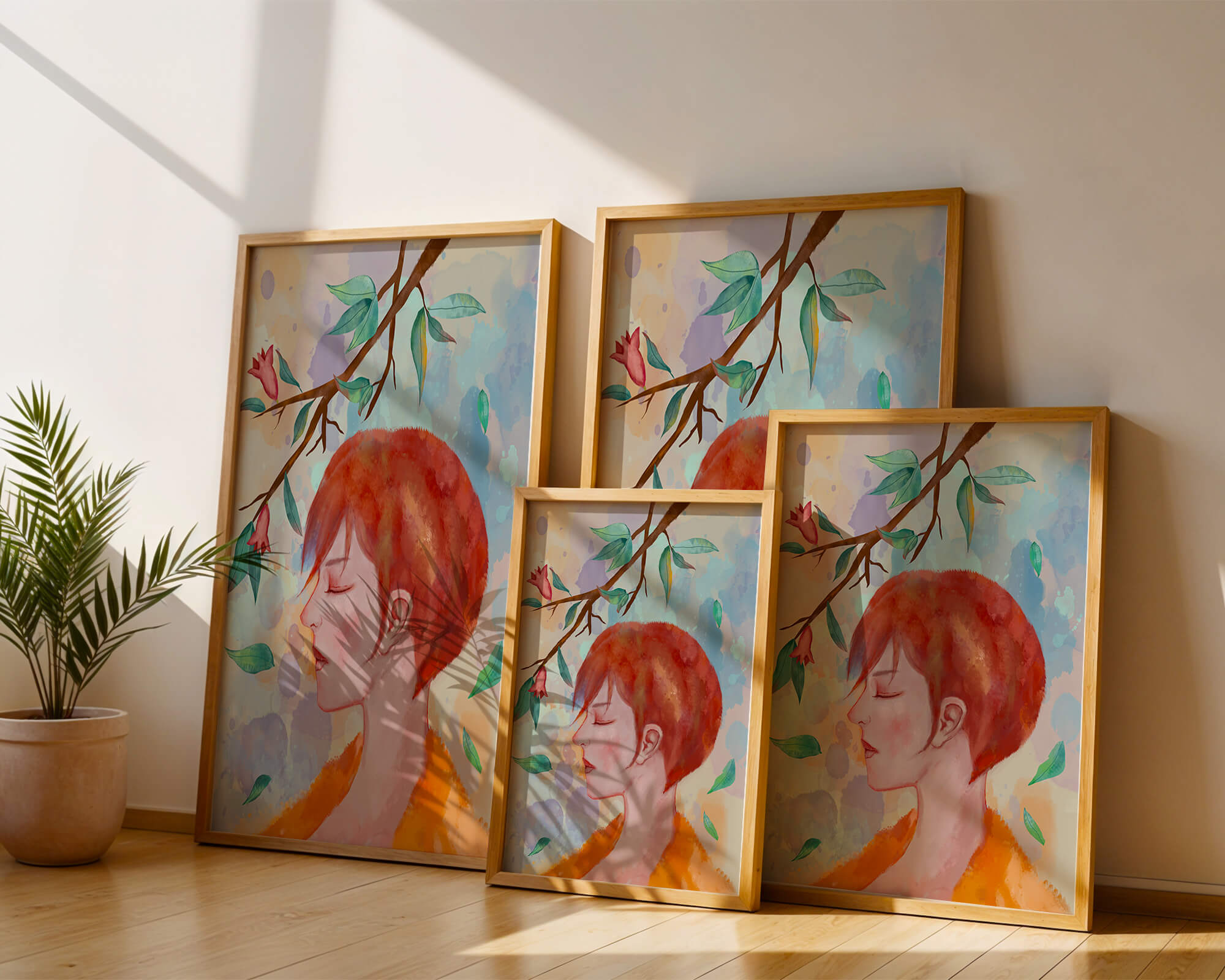 Illustrative artwork of a woman with red hair and floral branch