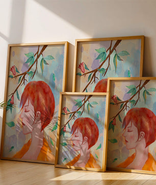 Illustrative artwork of a woman with red hair and floral branch