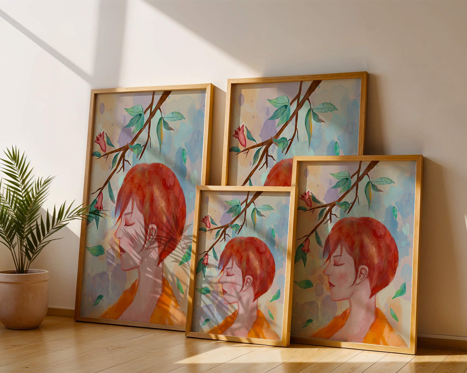 Illustrative artwork of a woman with red hair and floral branch