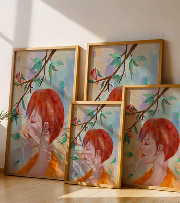 Illustrative artwork of a woman with red hair and floral branch