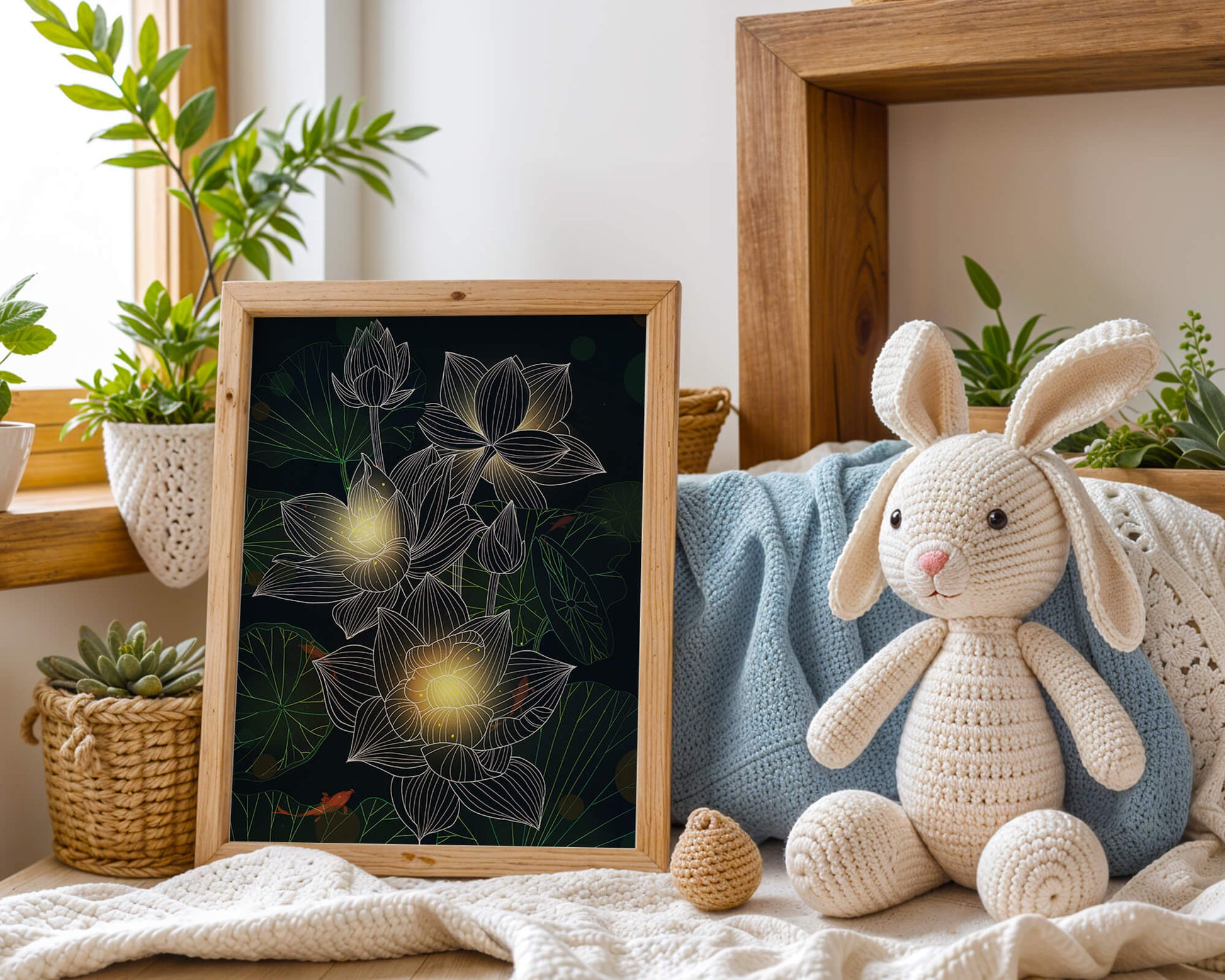 Flores de loto con detalles luminosos y peces koi bajo el agua