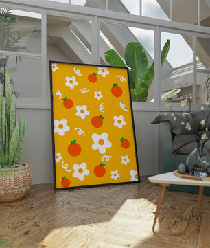 Playful floral and fruity pattern on a vibrant yellow background