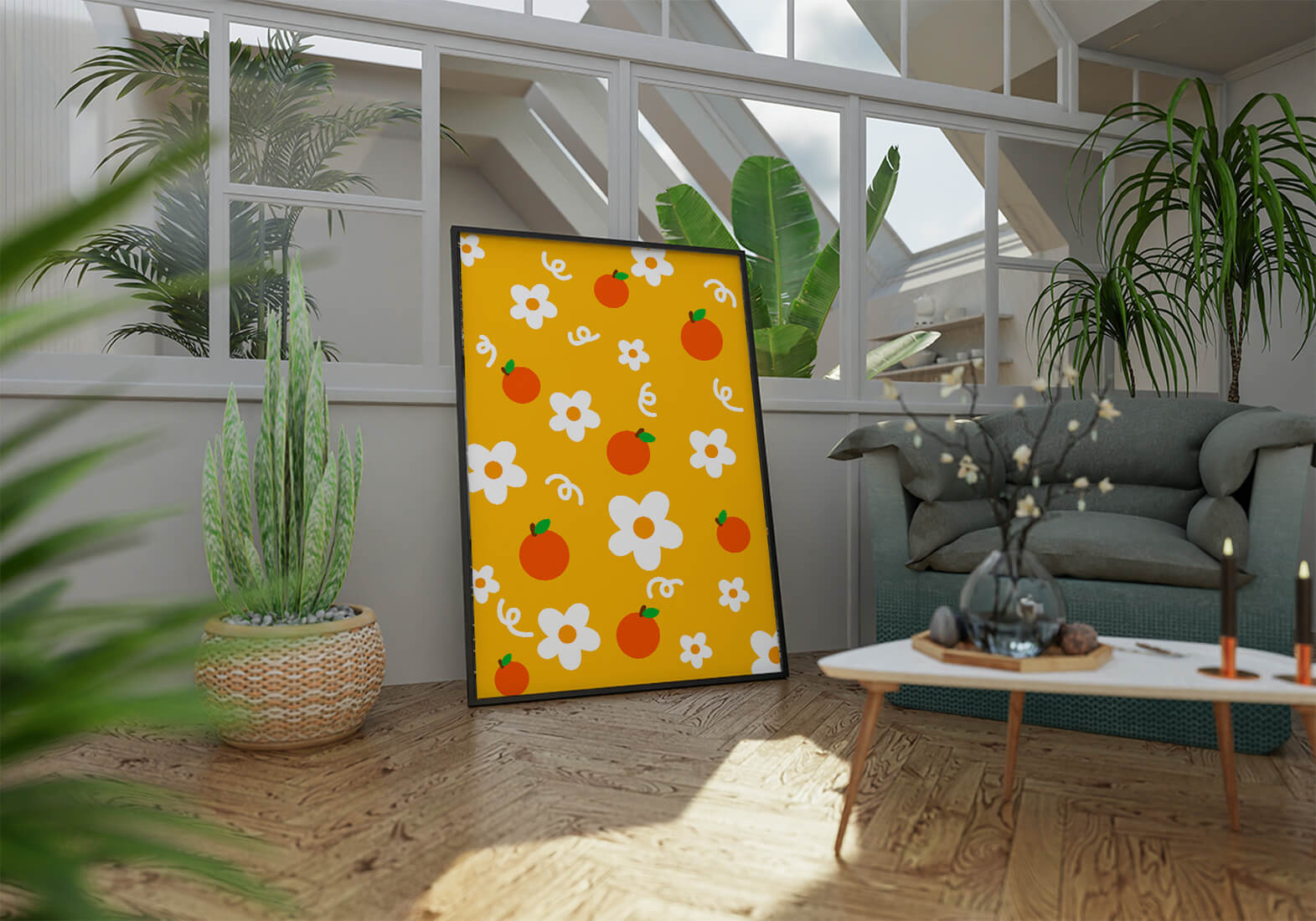 Playful floral and fruity pattern on a vibrant yellow background