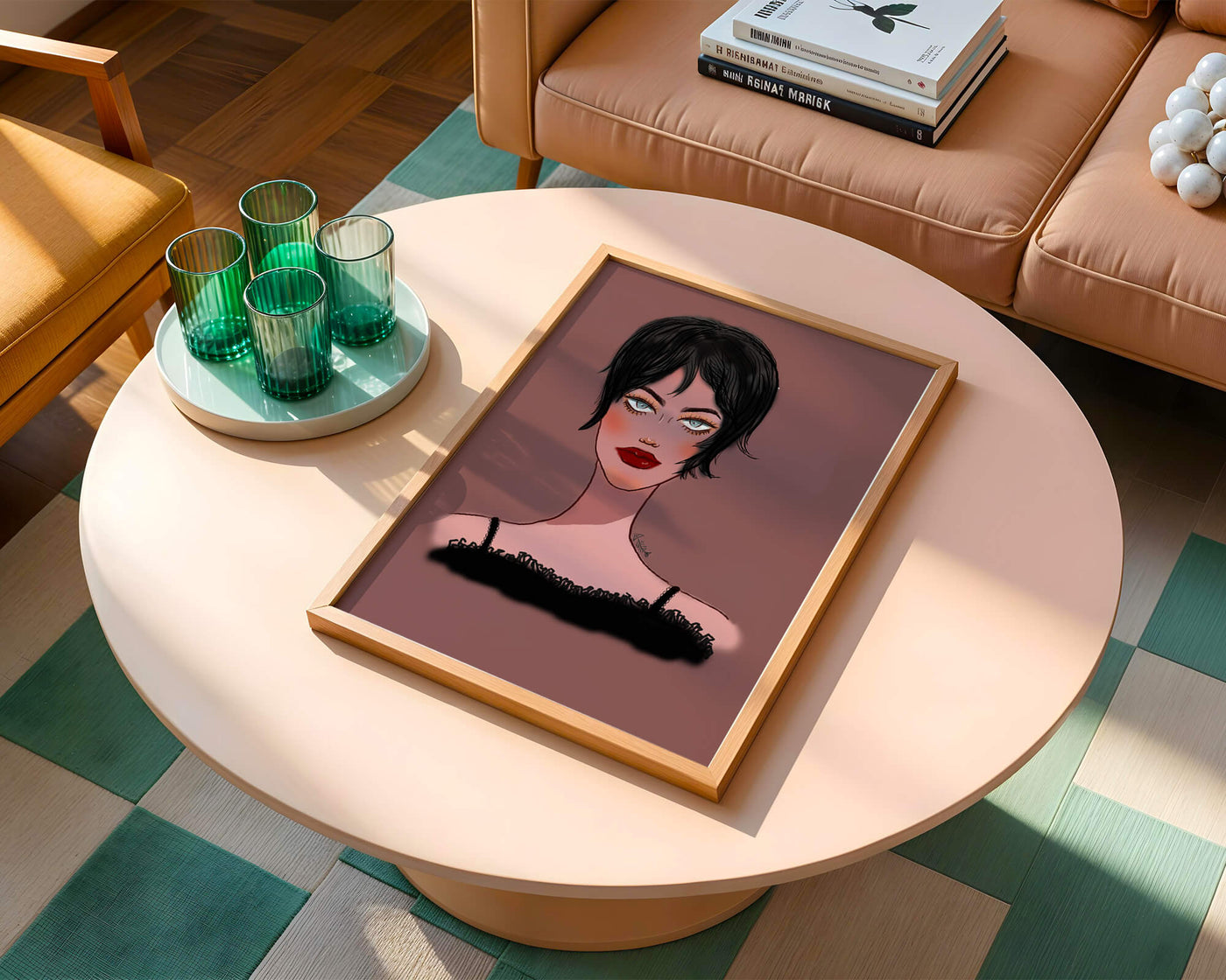 Illustration of a woman with short black hair and striking makeup on a brown background