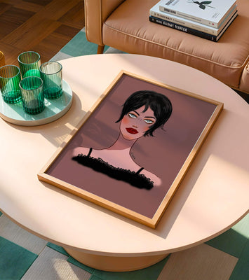 Illustration of a woman with short black hair and striking makeup on a brown background