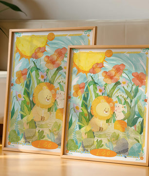 Charming watercolor illustration of lion and rabbit in a vibrant floral landscape