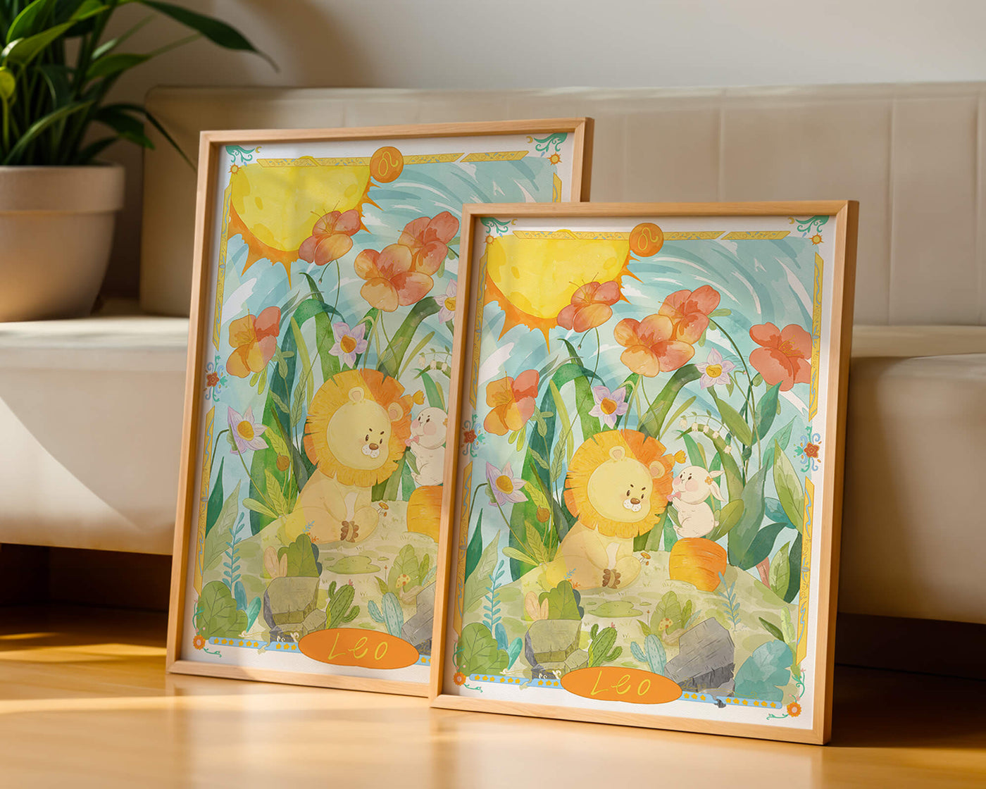 Charming watercolor illustration of lion and rabbit in a vibrant floral landscape