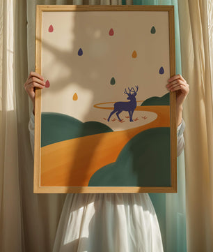 Colorful abstract deer illustration within a serene landscape