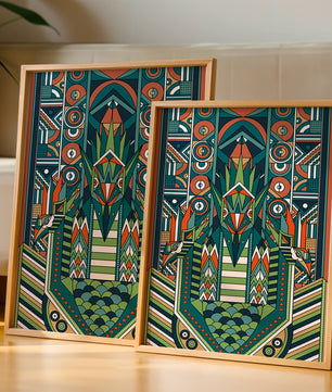 Design géométrique abstrait inspiré de l’Art déco avec des motifs symétriques et un motif animal