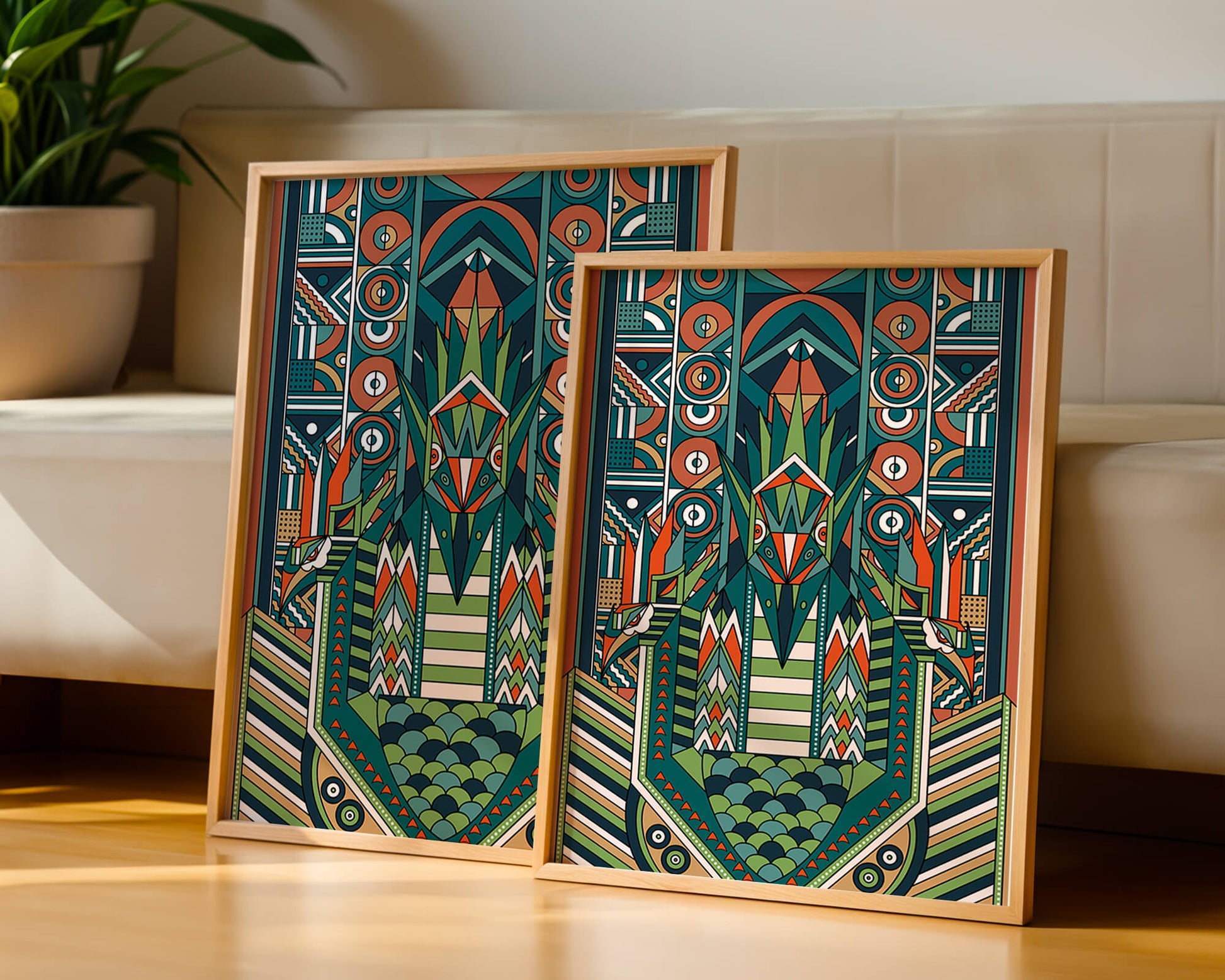 Art Deco Inspired Abstract Geometric Design with Symmetrical Patterns and Animal Motif