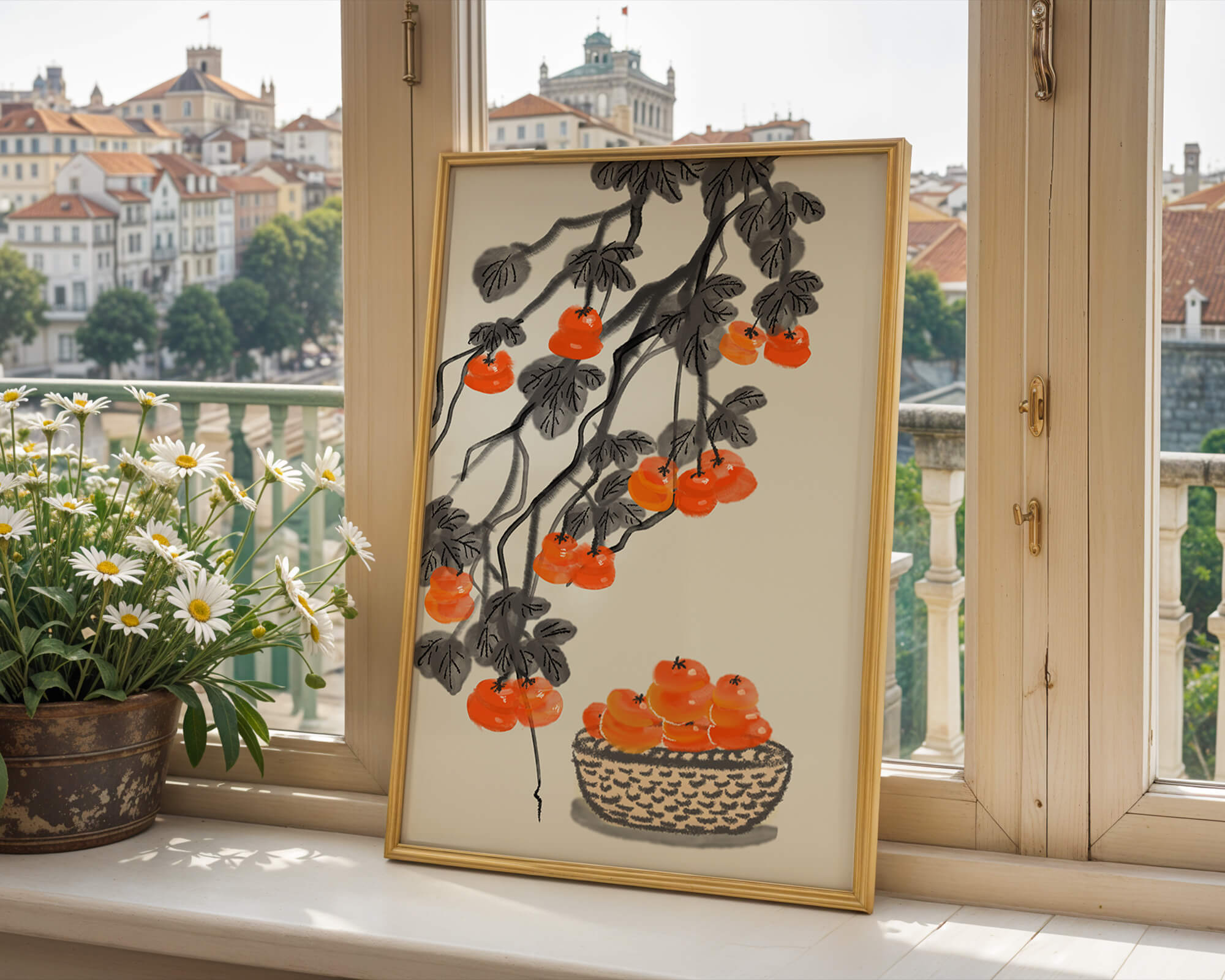 Artistic depiction of hanging persimmons with basket on watercolor canvas