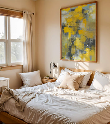 Abstract Yellow and Gray Geometric Art with Textured Patterns