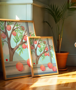 Peach tree outside a window with ripe peaches and sunny sky