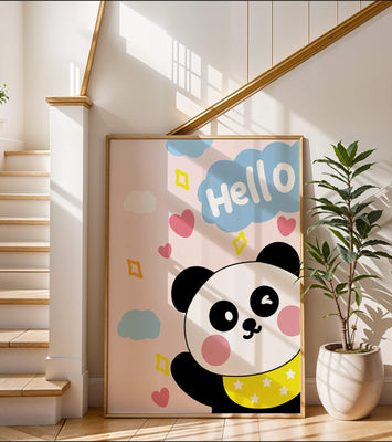Panda illustration with playful elements and pastel colors