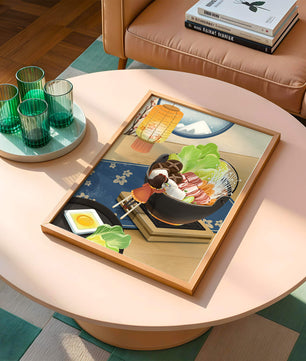 Illustration eines gemütlichen Winteressens mit Hot Pot und Zutaten