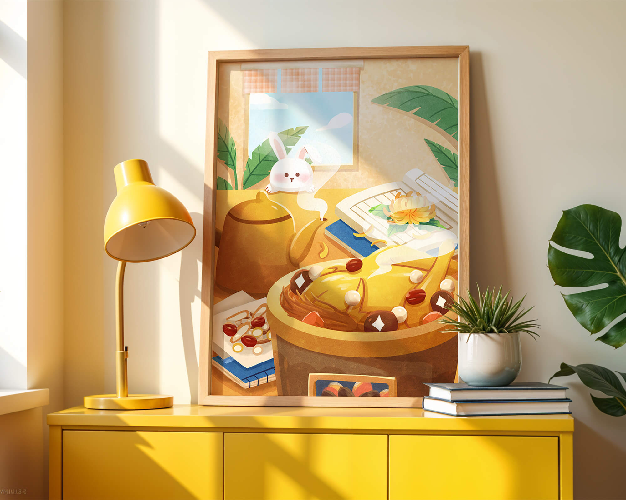 Cozy kitchen scene with cute bunny, teapot, and golden dessert