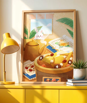 Cozy kitchen scene with cute bunny, teapot, and golden dessert