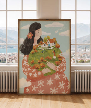 Femme fantaisiste tenant un paysage miniature avec famille et maisons