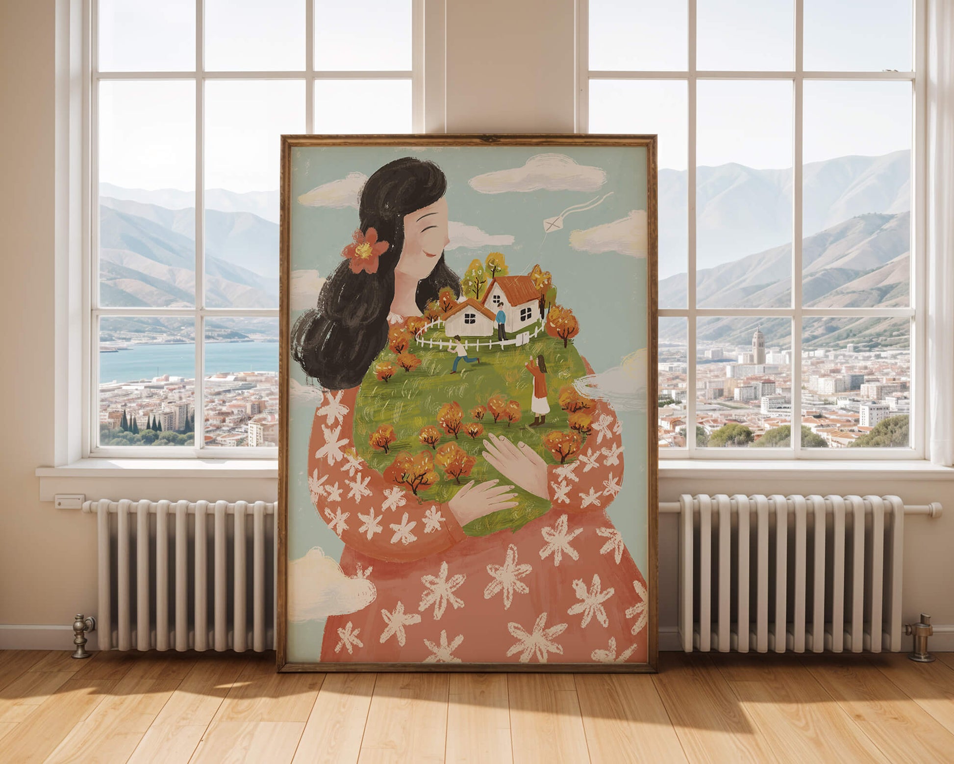 Whimsical Woman Holding Miniature Landscape with Family and Houses