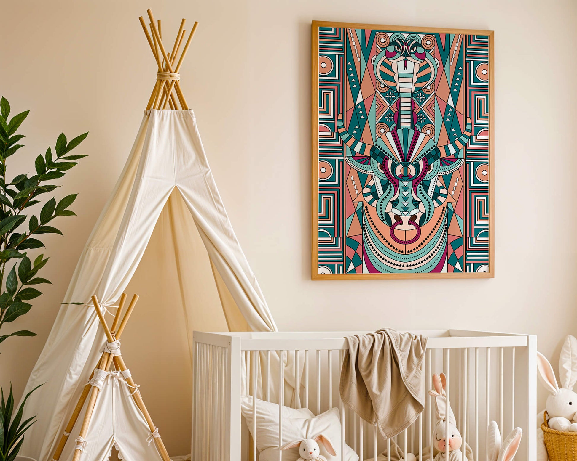 Patrón geométrico de animales con toro y cobra en colores vibrantes