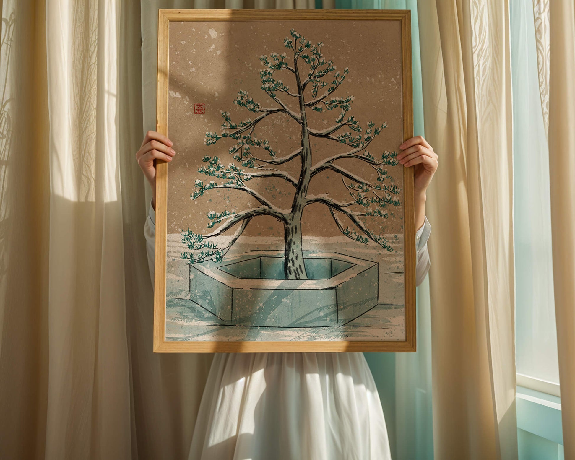 Paisaje invernal con ilustración de árbol bonsái cubierto de nieve