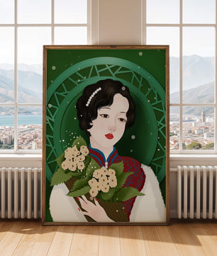 Elegant portrait of a woman with a bouquet of roses on a green abstract background