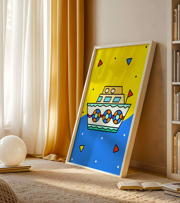 Colorful boat illustration with cartoon elements