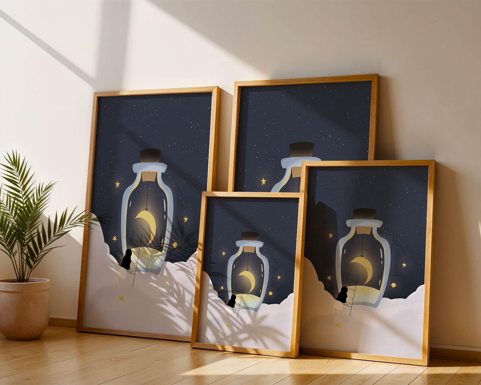 Fantasy Scene with Girl and Moon in a Bottle
