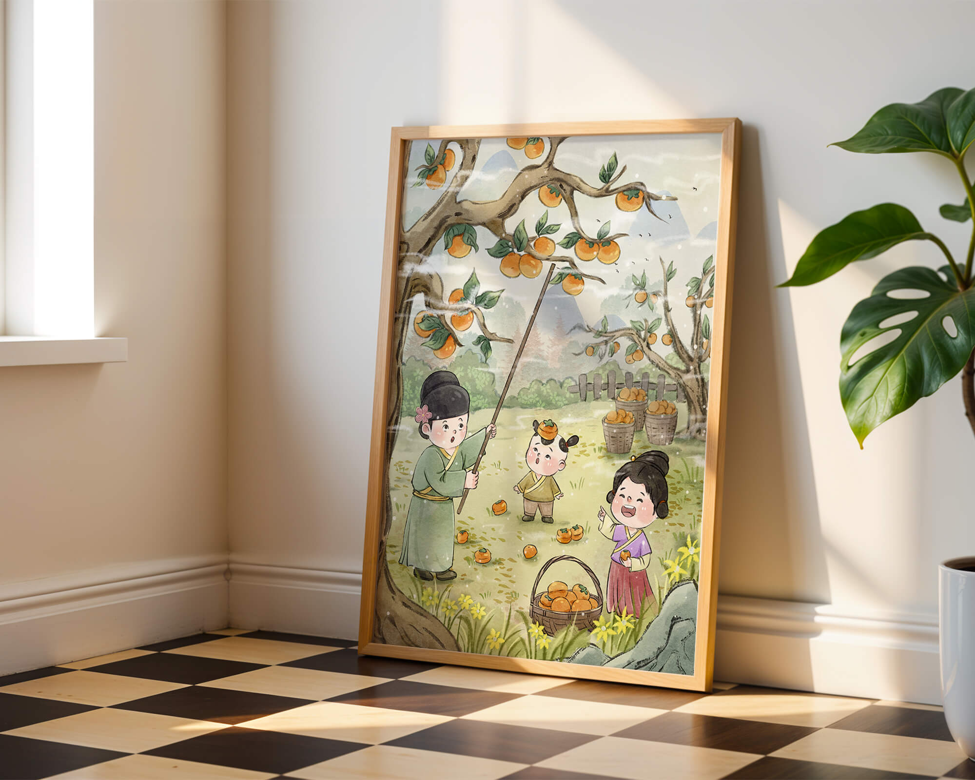 Illustration of children harvesting persimmons in a traditional setting