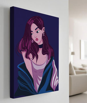 Illustration d'une fille élégante aux cheveux violets et à la veste bleue