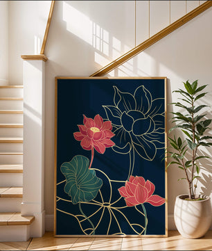 Vibrant Lotus Flowers on Dark Background with Gold Outline