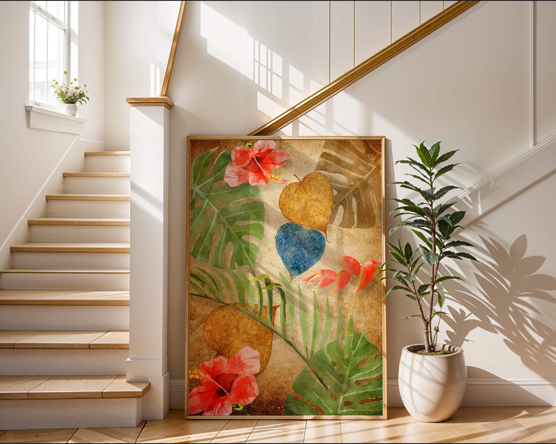 Vibrant tropical leaves and flowers watercolor design