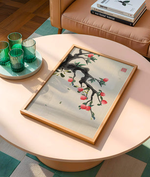 Asian ink painting featuring cherry blossoms on a textured background