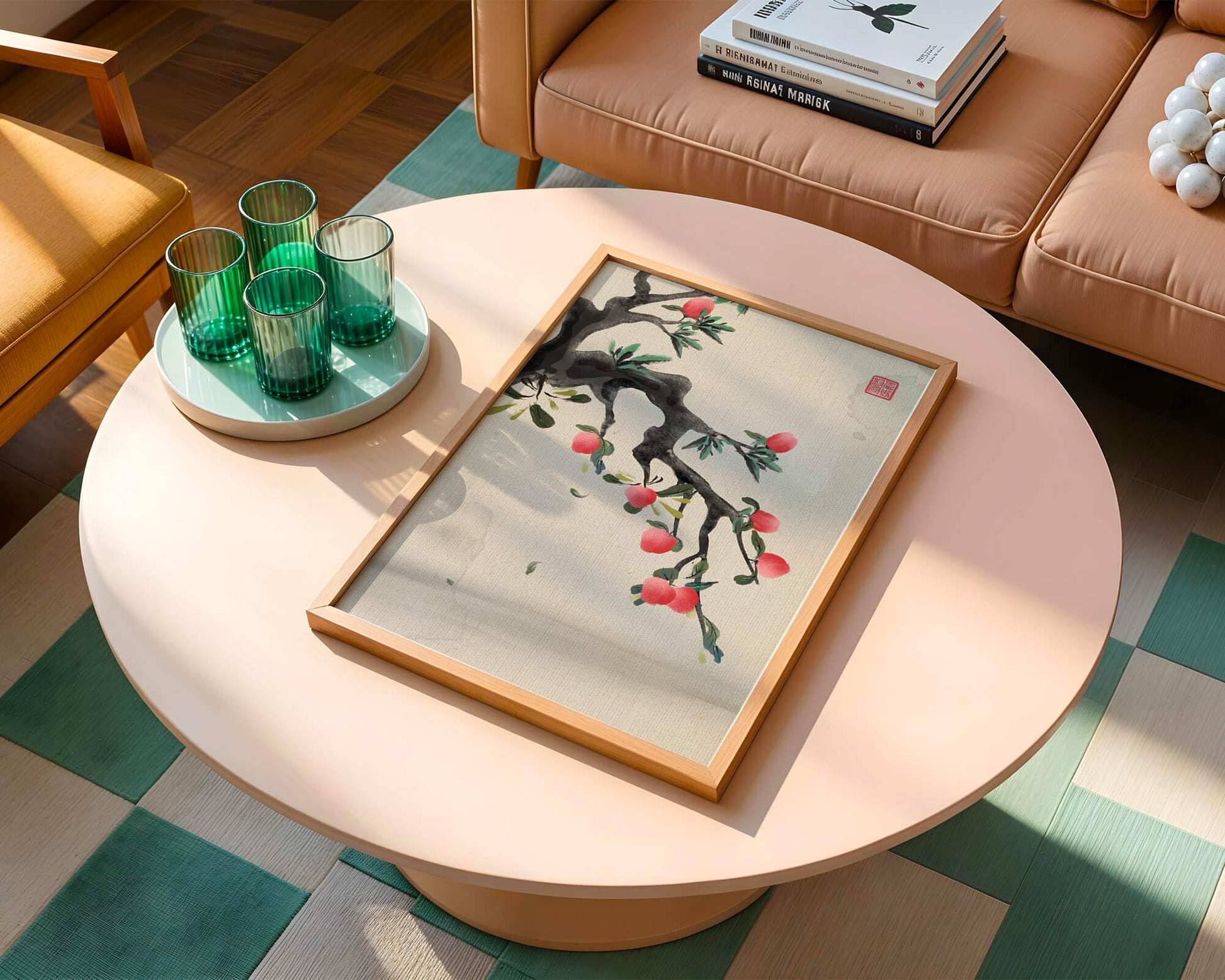 Asian ink painting featuring cherry blossoms on a textured background