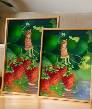 Young girl sitting among large strawberries in a whimsical garden setting