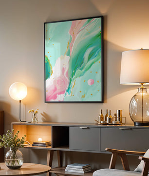 Obra de arte abstracta en pasteles y dorado con patrones fluidos