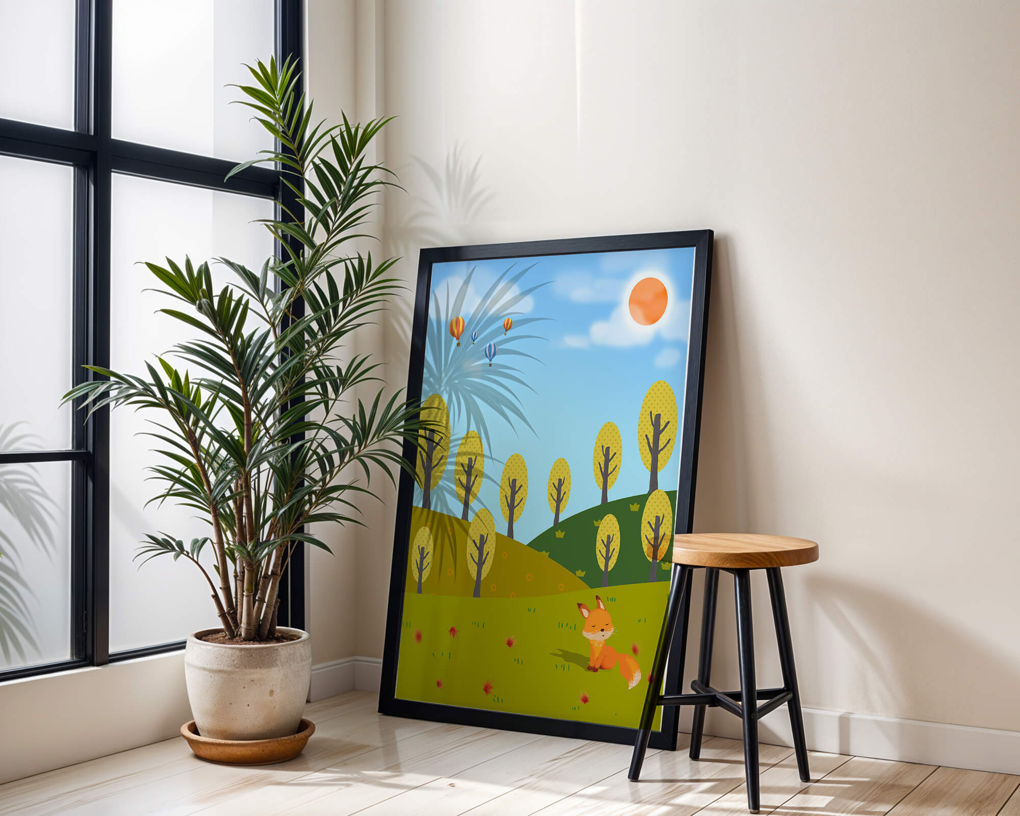 Whimsical landscape with hot air balloons and a fox in autumn scenery