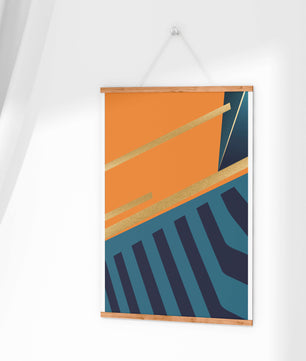 Moderne geometrische Abstraktion mit goldenen Elementen und kräftigen Farben 